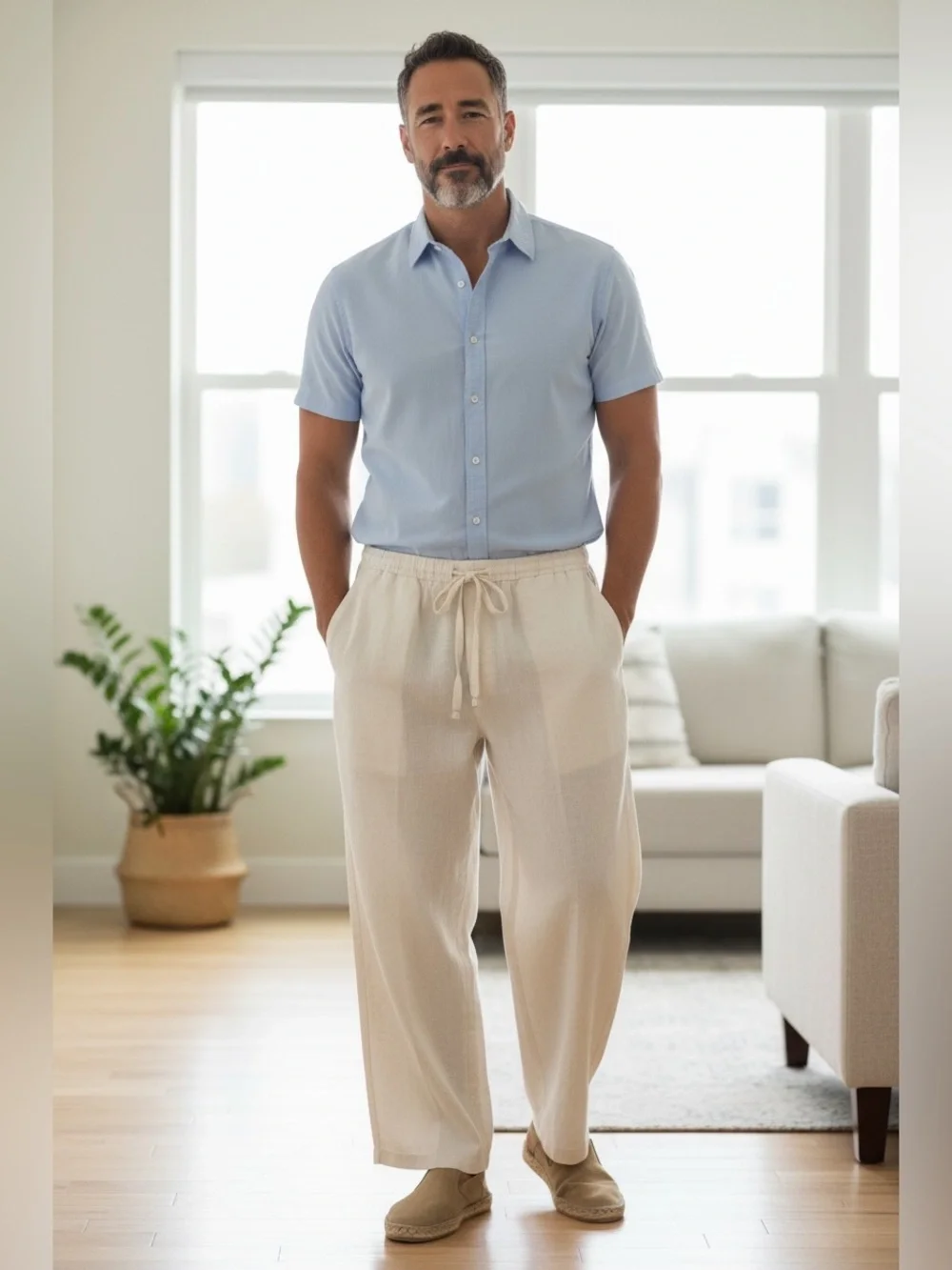 Men's Linen-Blend Drawstring Pants in Off-White
